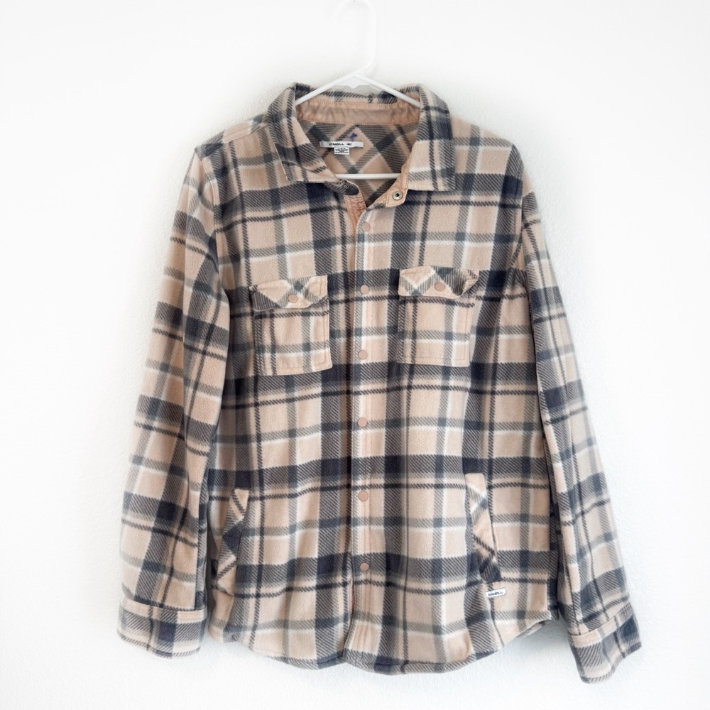 O'Neill Women’s Plaid Fleece Shirt Jacket in Pink & Gray Large